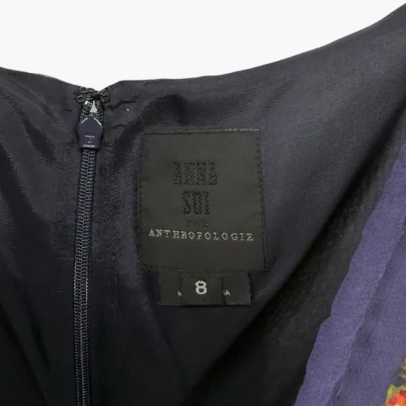 Anna Sui for Anthropologie Blue Floral Asymmetric Hem Silk Dress Size 8 - Picture 3 of 7